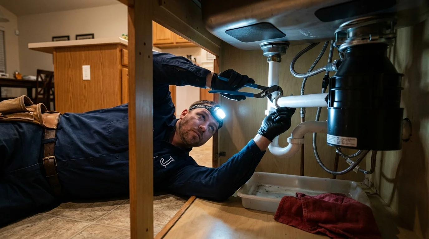 P-trap and supply line connections under a kitchen sink showing a common leak point in Madison, AL